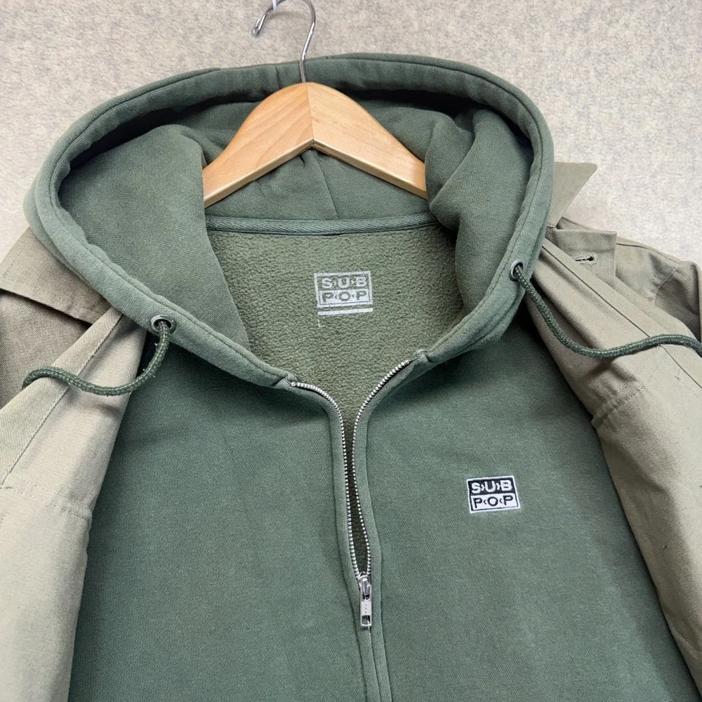 Vintage Sub Pop Records Mens Chore Jacket Olive Green Utility Workwear Size L - Picture 10 of 16